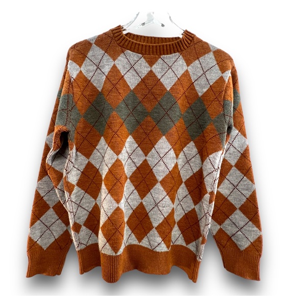 JANTZEN VINTAGE RUST ORANGE & GRAY CREWNECK GRANDPA SWEATER MEN MED - Picture 3 of 15